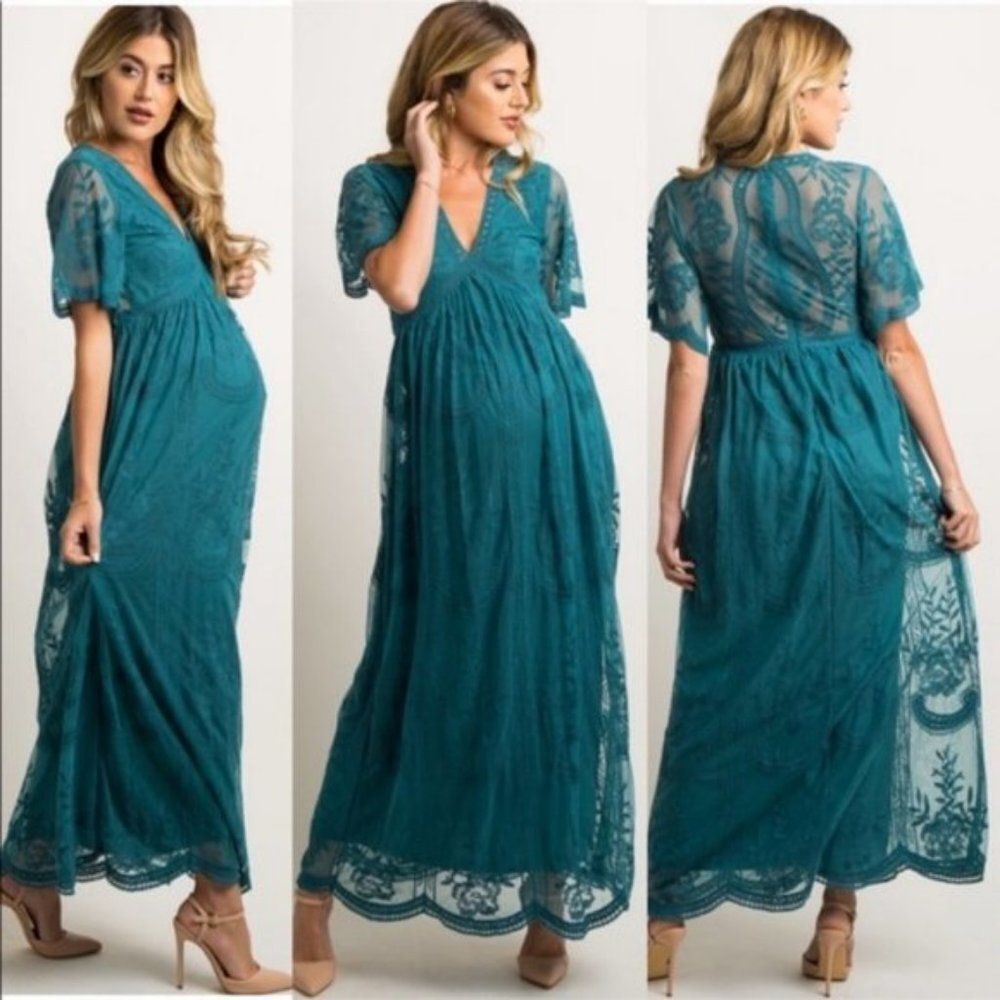 Pinkblush Teal Sheer Lace Overlay Maxi Dress L